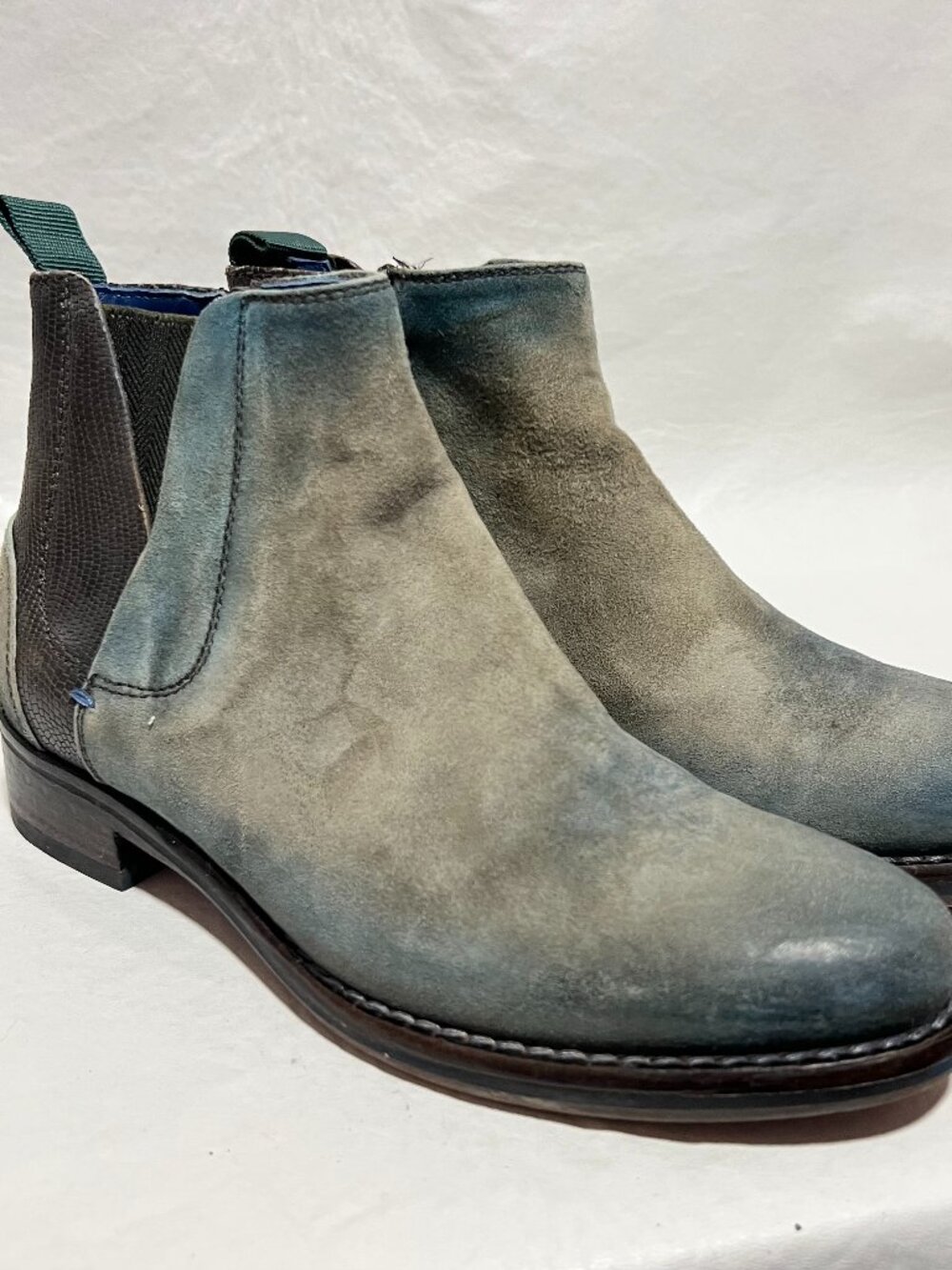 Sundance boots blue gray leather 37 6.5 womens chelsea booties block heel